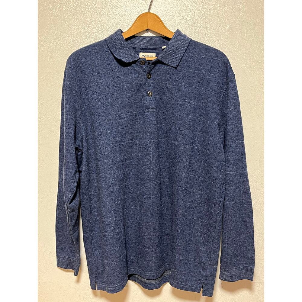 Men's Haggar Collared Long Sleeve Blue Gray Stripped Shirt Polo Size‎ Med